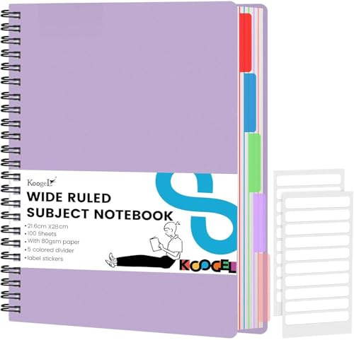 Koogel Spiral Notebook with Dividers, Purple Waterproof Cover, Perforated Tear Out Pages, 5 Subject Organiser for School Office Revision Projects