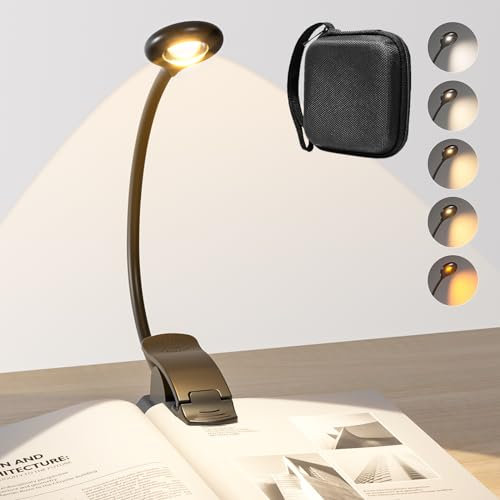 Hensam LED Leselampe mit Klemme, USB-C Wiederaufladbare Buchlampe, 360° Flexibel Schwanenhals Klemmleuchte mit Reisetasche, 5 Farben Modi und Dimmbar, Schwarz