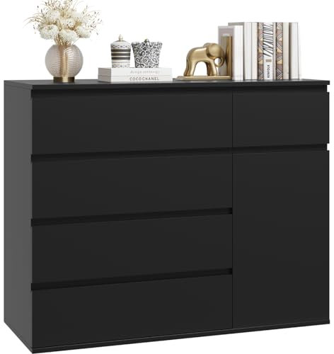 FOREHILL Cassettiera Nera con 5 Cassetti e 1 Ante,Cassettiera Camera da Letto in Legno,Mobiletto Multiuso per camera da letto, Soggiorno, Studio, Corridoio 100x40x80 cm Spedito in 2 pacchi (Nero)