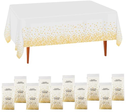 CEILIWEN 10 Packs of White and Gold Party Tablecloths, Disposable Tablecloths Table Covers, Table Decoration for Party, 274x137cm (WHITE GOLD-10 PACKS)