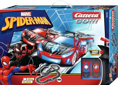 Carrera GO!!! 20062580UK Spider Racing I Slot Racing Set I 1:43 Scale I 4.9 Metres I With Spider-Man Speed Shifter (Blue) & Spider-Man Speed Shifter (Black) I UK Plug