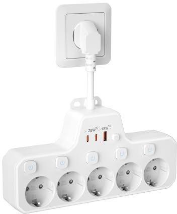 Multiprise USB C,5 Prises avec Interrupteur Individuel,Prise Multiple Murale avec Chargeur Rapide PD20W et QC18W,Bloc Electrique Parafoudre Rallonge Câble Court 0,1 m pour Bureau de Cuisine,Blanc
