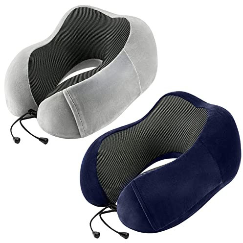 urnexttour Travel Pillow for Airplane-2 Pack Memory Foam Neck Pillows, Soft Support Travel Essentials for Travelling, Sleeping Rest, Car, Train and Home Use(Grey&Blue)