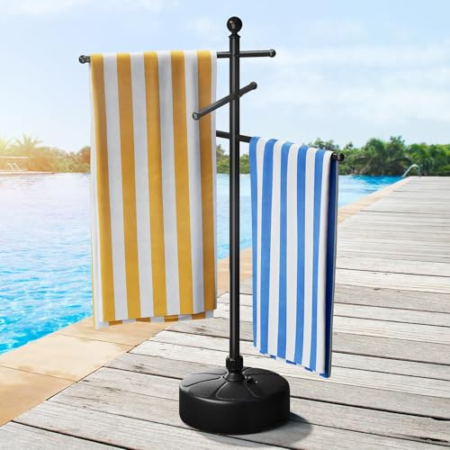 ELYKEN Pool Towel Rack Outdoor, 59 Outdoor Towel Rack with 3 Adjustable Bars, Pool Towel Holder with Weighted Base, Freestanding Towel Dying Rack Towel Stand for Poolside, Spa, Hot Tub, Black