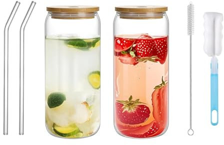 WyndShades Glass Cups with Lids and Straws – 2-Pack 500ml Iced Coffee Cups with Bamboo Lids & Glass Straws, Reusable Smoothie Tumbler with Cleaning Brush for Beer, Tea, Juice, Soda