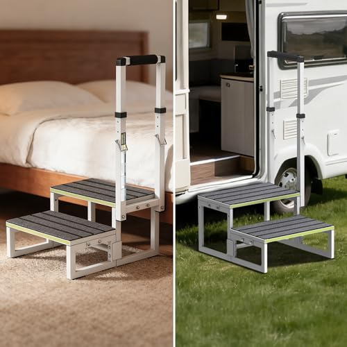 XARILK Adjustable Step Stool with Handle (66-97cm) – Dual-Side Portable 2-Step RV Stairs with Wide Anti-Slip Mats, Safe for Elderly, Kids, Pets, Ideal for RVs, Porches, Bathtub and Kitchen