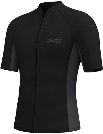 GoldFin Men Wetsuit Top, Mens Short Sleeve Wet Suit Neoprene Jacket 2mm Front Zipper Wetsuits Shirt Cold Water Swim Scuba Diving Surfing Snorkeling, Black,Medium