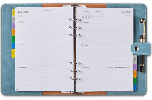 YHH Agenda 2026 Semainier A5 Rechargeable - Organiseur avec Onglets Mensuel, Pages pour Mots de Passe, Note, Contact, Porte-stylo, Couverture Souple PU Cuir, Planificateur Jan.26 à Déc.26