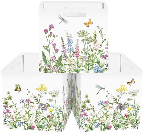 Clastyle 3 pcs Flowers Cube Storage Unit Boxes Foldable Kallax Box for Shelves Parents Storage Baskets for Book Clothes Toy Organizer,Green,11.8x11.8x11.8 in