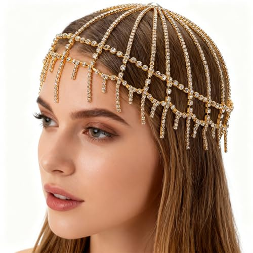GORGECRAFT 1920s Copricapo con Cristalli Maglia Dorata Strass Catena per Capelli Stile Il Grande Gatsby Accessori per Capelli Catena per Capelli Cappello per Sposa Cosplay Halloween Artistiche Feste