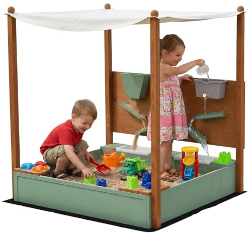 AIYAPLAY Arenero para Niños de Madera con Techo, Arenero Infantil con 2 Asientos, 2 Cajas, Grifo, Embudo, Caja de Arena para Niños de 3-6 Años, para Patio, Jardín, Balcón, 116x112,5x128 cm, Verde