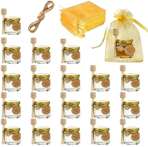 20 Piezas Mini Hexagonales Tarros de Miel de Cristal, 45ml Botecitos Para La Miel, Cuchara de Madera, Bolsa de Regalo, Pegatina, Cuerda de Cáñamo, Etiqueta, para Bodas, Fiestas