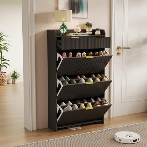 Zapatero con 2 Cajones, Armario de Zapatos de Madera con 3 Puertas y Panel Ajustable, Mueble de Almacenamiento de Zapatos Moderno y Estrecho, Estantería para Zapatos para Entrada (Negro-1, 77x24x134)
