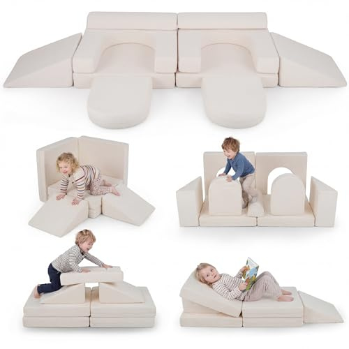 COSTWAY Divano da Gioco per Bambini Trasformabile, Poltrona Modulare a 10 Pezzi, Tessuto Suede e Schiuma ad Alta Elasticità, Divanetto per Bambini 3+ Anni, per Camerette, Soggiorno e Studio (Beige)