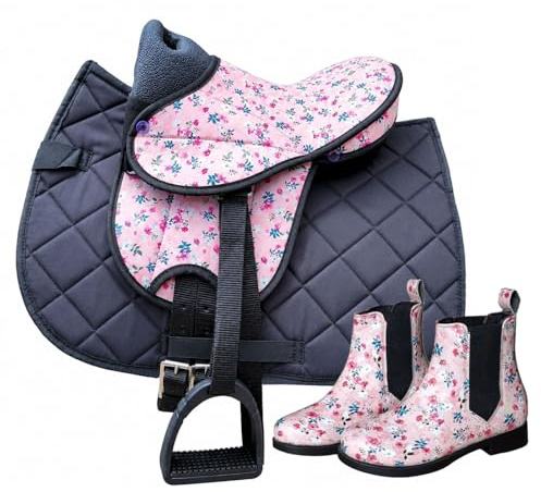 Brama West Set di sella Shetty per bambini My Happy Pony con stivali da equitazione abbinati, sella in legno con coprisella, cinghia e staffa, motivo floreale rosa (selflower/coperta nera, 32)