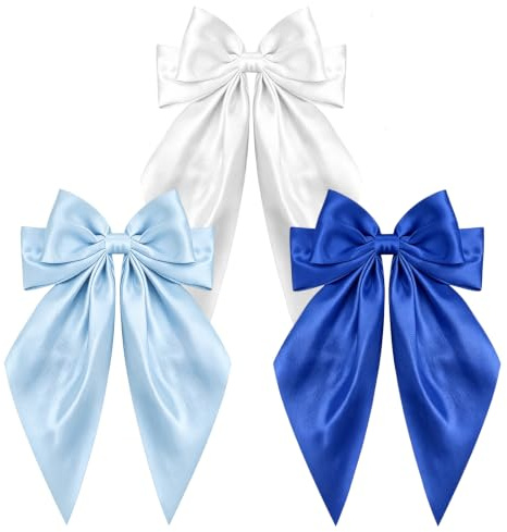 3 Pcs Blue Hair Bow Set,Long Tail White Blue Bow Soft Silk Satin Cute and Versatile for Women Daily Party Wedding Prom