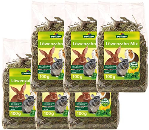 Dehner Nagersnack, Nagerfutter 100 % natürlich, für Kaninchen / Nagetiere, Löwenzahn mit Heu / Pfefferminze / Melisse, 6 x 100 g (600 g)