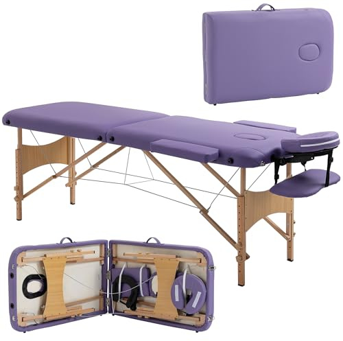 HOMCOM Camilla de Masaje Plegable 210x81 cm Camilla Estética Profesional con Reposacabezas Extraíble 2 Zonas Asa y Marco de Madera con Altura Regulable y Bolsa de Transporte Púrpura