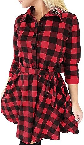 FANCYINN Robe Chemise Femme Manche Longue Robe à Carreaux Casual Hiver Tunique Blouse Mini Robe,M,Rouge
