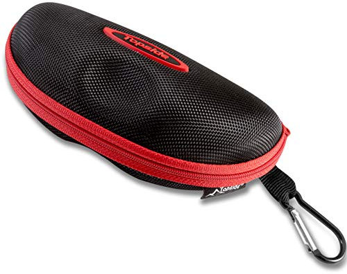 Funda gafas rígida (negro, azul o rojo). Apertura y cierre con cremallera, mosquetón para enganchar.