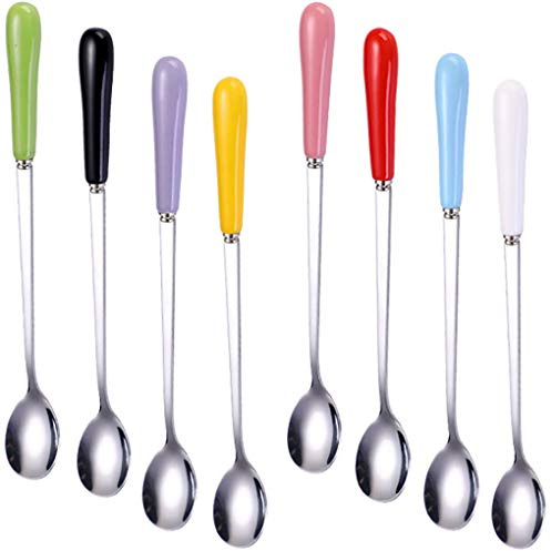 Goeielewe Blandningsskedar set med 8, istade teskedar i rostfritt stål med keramiskt handtag 18 cm långa soppmatskedar espresso-kaffeskedar godisfärgad, blandad färg