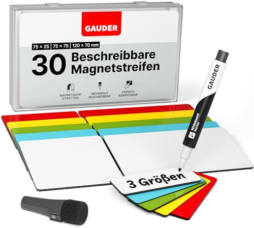 GAUDER Magnetetiketten beschreibbar - Wiederverwendbare Magnetschilder zum Beschriften für Whiteboard, Tafel, Kanban-Board und Kühlschrank - Magnetkarten mit Marker (30 Stück - 3 Größen)