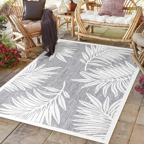payé Outdoor Teppich Wetterfest - 200x290cm - Grau Weiß - Pflanzen Muster - Teppiche für Terrasse Balkon Garten Indoor