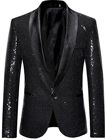 LUCKME Mens Sequin Blazer Shiny Glitter Suit Jacket Casual Smart Notched One Button Regular Fit Floral Suit Blazer Business Work Jackets Black
