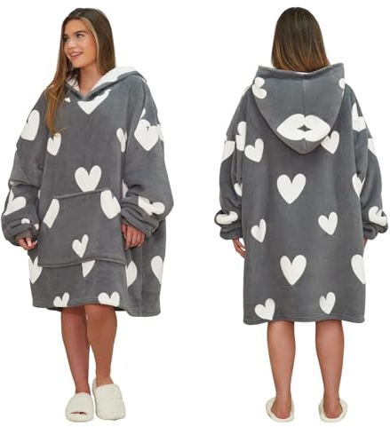 Dreamscene Snuggle Hoodie Women Grey Hearts, Oversized Blanket Hoodies Women Soft Warm Fleece Wearable Blanket Hoodie for Girls Fluffy Sherpa Lined