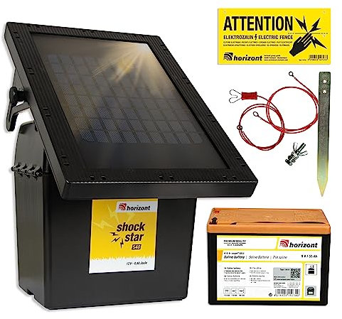 horizont Weidezaungerät Solar 9 V / 12 V - shockstar S40 mit 5 W Solarpanel und 9 V Batterie - für über 5 km Zaun, für Pferde, Rinder, Schafe, Katzen, Hunde - 3-stufige LED-Anzeige, Stromsparschaltung