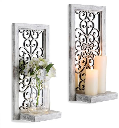Walasis Candle Sconces White Wall Art: Set of 2 Wooden Rustic Wall Candle Holders Vintage Home Decor with Acrylic Mirror for Bathroom Bedroom Hallway