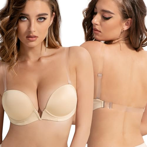 Amafuur Women's Backless Bra with Clear Straps and Back Deep V Plunge Push Up Padded Convertible Low Cut Bras Underwire, Beige, 36D