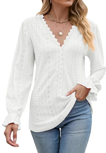 Atxnn Womens Tops Lace V Neck Blouses Elegant Eyelet Shirts Long Sleeve Tunic Top with Ruffled Cuffs for Spring Fall, White Medium