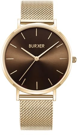 BURKER Damenuhr Ruby, Runder Damen Armbanduhr Klassisch Analog Wasserdicht 3 ATM Geschenk für Frauen Geburtstag Valentinstag - Milanaise-Armband - Gold Braun Mesh - 38 mm