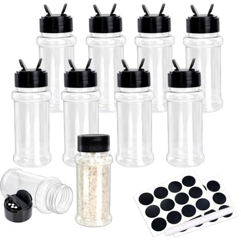 GADITIEK 10 Pots à épices bocaux epices en plastique avec bouchon noir, 100 ML Pot a epices vides hermétique, Bocaux à épices cuisine rangement avec Un Stylos, 240 Étiquettes (rond)