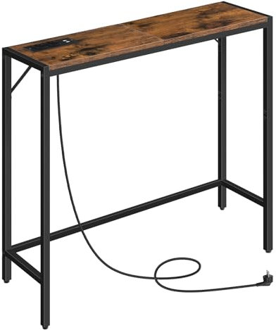 MAHANCRIS Konsolentisch mit Ladestation, 76,5 x 24 x 74 cm, Schmaler Beistelltisch Hinter Dem Sofa, 2 Steckdosen und 2 USB-Anschlüsse, für Wohnzimmer, Flur, Braun und Schwarz ACTHR76UE01N1
