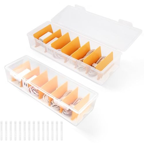 Vikcvcsc Lot de 2 Boite Rangement Cable, Boîte de Rangement de Câbles en Plastique Transparent, Organisateur Cable avec 7 Compartiments et 14 Serre-câbles, Boîte de Câble Réglable