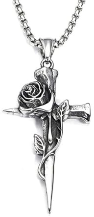 Auriselle Collana da Uomo Croce Rosa Ciondolo Vintage Vichingo in Acciaio Inox Collana Ciondolo Retrò Gotico Gioielli Regali per Uomini Ragazzi Padre Lunghezza 60cm
