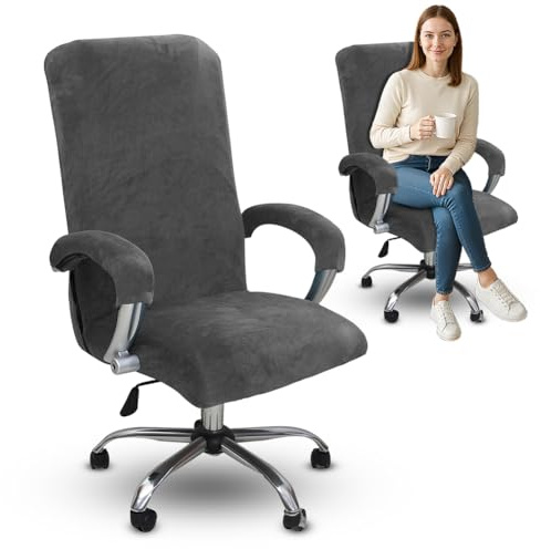 Housse de Fauteuil de Bureau en Velours avec accoudoirs, Housse de Fauteuil Rotatif Élastique, Universel Housse pour Fauteuil de Bureau Dossier Haut Pour maison, bureaux, cuisine et hôtel (Gris, XL)