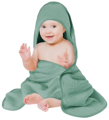 Aolso Babyhandduk med huva, 100 % babyhanddukar i muslinbomull, 80 x 80 cm mjuk och absorberande stor badhandduk för småbarn för nyfödda och spädbarn-muslin-grön