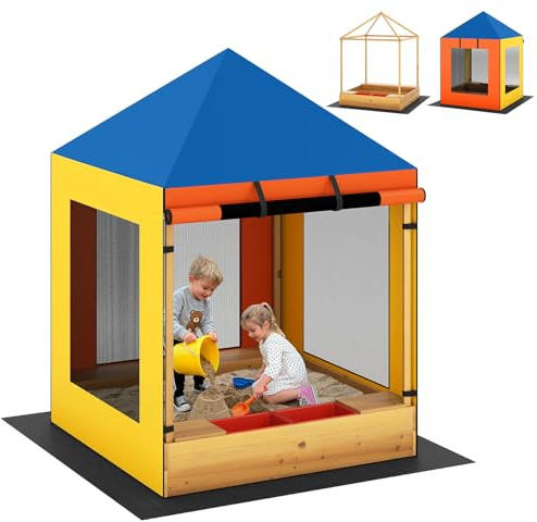 INFANS Kids Sandbox, Wooden Outdoor Sandbox with UV-Resistant Canopy Protection Bottom Liner, Children Sand Pit with 2 Removable Bins, Playhouse for Beach Backyard Gift for Boys Girls Aged 3+