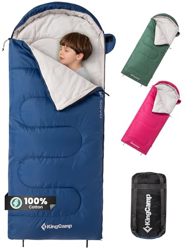 KingCamp Saco de Dormir Infantil de algodón, Ligero e Impermeable, Apto para Camping en Interiores y Exteriores, para niños de 10 a 12 años (hasta 100-140 cm), Azul