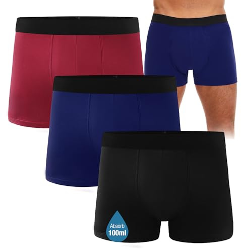 FORVEVO Calzoncillos Incontinencia Hombre,Algodon Boxer Calzoncillos Hombre Lavables con Almohadillas Protectoras Absorbentes de 100ml,a Prueba Fugas,Control Olores Reutilizables(Negro&Azul&Rojo,S)