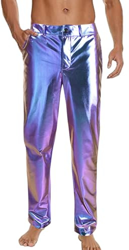 RUNQHUI Homme Pantalon Disco Métallique Métallisé Pantalon Danse Moderne Jazz Brillant Costume Carnaval Bleu Violet M
