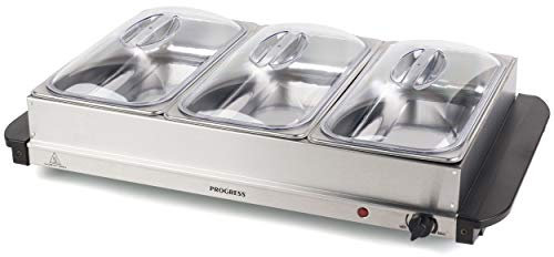 Progress Electric Buffet Server - 3 Pan Hot Plate, Food Warmer Tray, 3 x 2.5L Removable Sections, Adjustable Temperature, 300W Portable Chafing Dish, Bain Marie, Catering Buffet Serving Tray