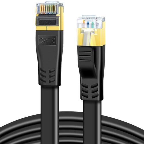Cat 8 Ethernet Kabel 10m, Hochgeschwindigkeit 40Gbps 2000MHz SSTP CAT8 Flaches Patchkabel, Gigabit Netzwerkkabel LAN Kabel mit Vergoldetem RJ45 Stecker für Gaming, Modem, Router, PC (10m/Schwarz)