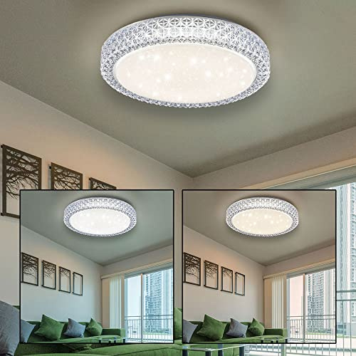 LED Deckenleuchte Sternenhimmel Tageslichtlampe Decke Küche Deckenlampe Kristall rund, Stahl, CCT, 1x 22W 1980Lm warmweiß-kaltweiß, DxH 40x11 cm