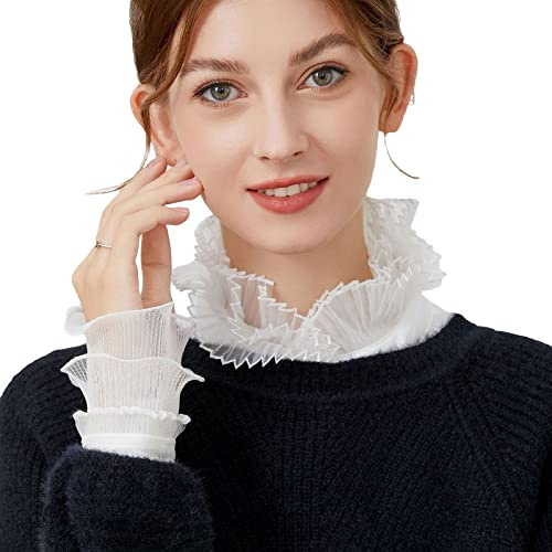 NiceYnn Women's Detachable Ruffles Stand Collar False Half Shirt Blouse Dickey Collar Victorian Collar Mock Neck Top for Sweaters Collarless Dress, White Organza #F