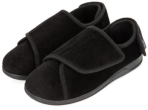 HomeTop Men's Corduroy Slippers Comfy Adjustable Hook and Loop Memory Foam Wide Indoor House Shoes Black,12 US