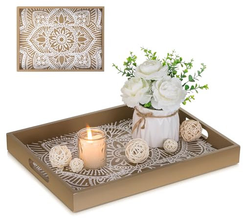Hanobe Holztablett Rechteckig Deko Serviertablett: Boho Dekotablett Blumen Holz Tablett mit Henkel Braun Klein Kerzen Tabletts Bauernhaus Kerzentablett für Couchtisch Teelicht Küche Tisch